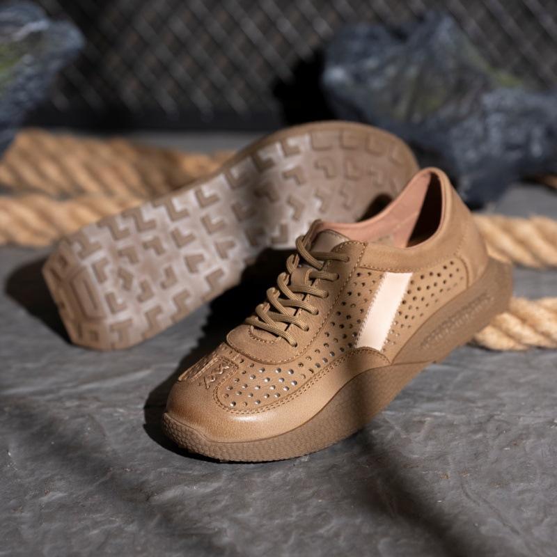 Summer low-top hollow casual shoes men's soft and delicate first-layer cowhide shoes retro lace-up sports shoes