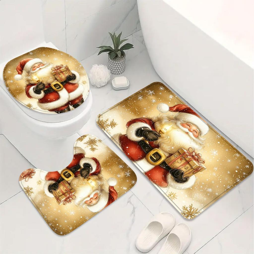 4Pcs Christmas Gift Bathroom with Santa Claus Shower Curtain Set with Non-Slip Bath Mat, Toilet Lid Cover, Contour Rug & 12 Hooks, Bathroom Decor