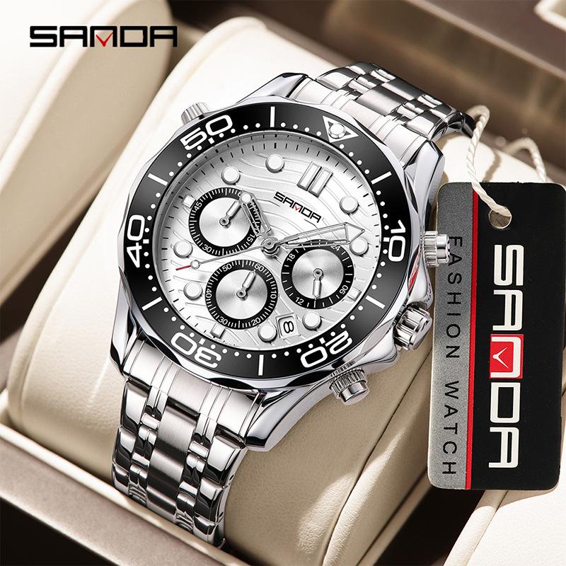 SANDA Brand Men's Quartz Watch Multi Functional Timing Waterproof Calendar Night Light Men's Stainless Steel Watch