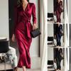 Women's Wrap Satin Silky Midi Dress Long Sleeve V-Neck Tie Waist Formal Dress Cocktail Party Wedding Guest Dress