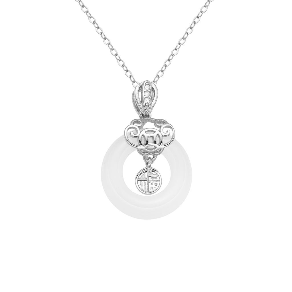 S925 silver blessing character safety buckle necklace chalcedony donut auspicious cloud pendant premium sense collarbone chain