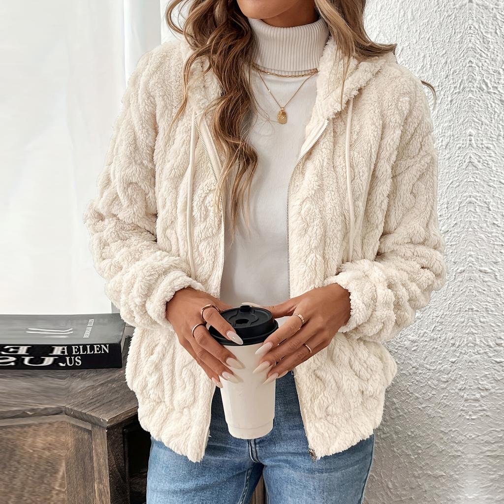 Women'S Plush Fleece Hooded Zip Up Jacket Casual Solid Color Polyester Coat Fall Winter Outerwear Adult Knitwear