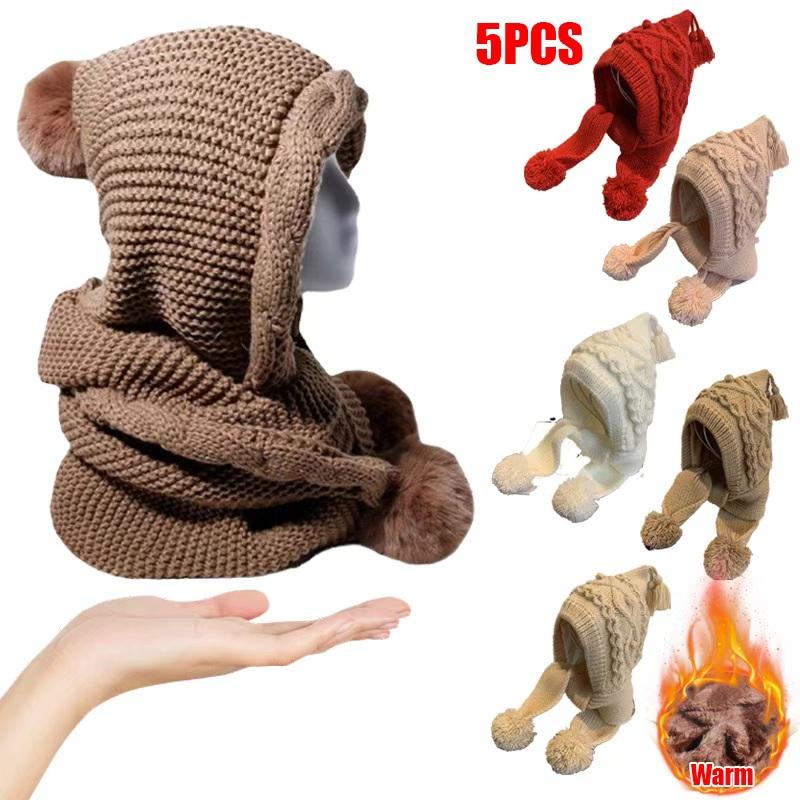 Winter Hat Scarf Combo for Women Thick Knit Beanie with Pom Pom Ear Flaps One Piece Wool Bonnet Extreme Cold Weather Set
