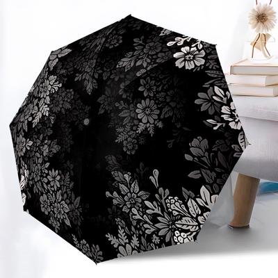 1pc Black Floral Pattern Automatic Open/close Folding Umbrella, Compact Portable Travel Umbrella,Cute Umbrella, Durable Construction Yy250804084