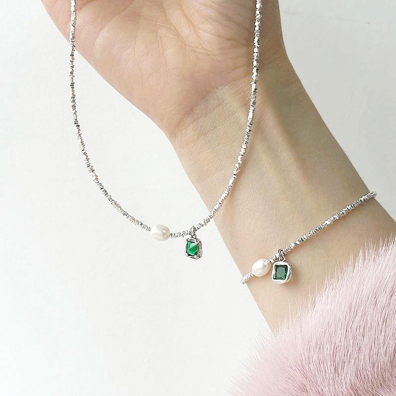 925 Sterling Silver Emerald Square Diamond Clavicle Chain Necklace - Handmade Beaded Jewelry