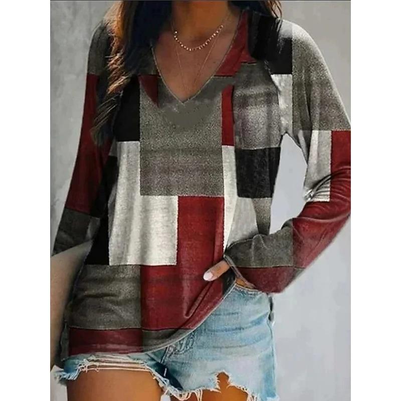 Women's Elegant V-neck Diamond Ethnic Print Long Sleeve T-shirt Soft Polyester Perfect for Autumn and Winter Casual Wear Tops