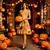 Women Halloween Print Sleeveless Shoulder Strap Dress Pumpkin Skull Pattern A-Line Swing Party Dress