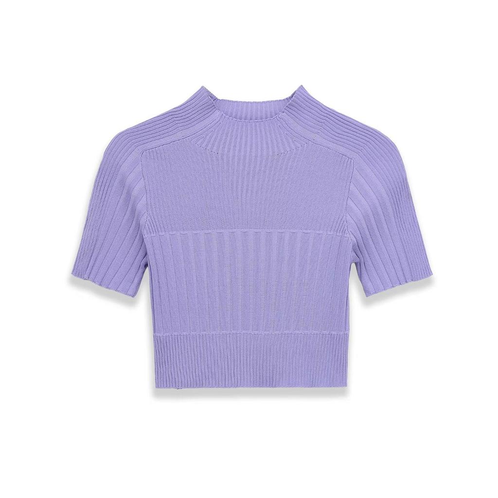 2026 Spring Women's Short-Sleeved Stand-Up Collar Ribbed Knit Top - European & American Style