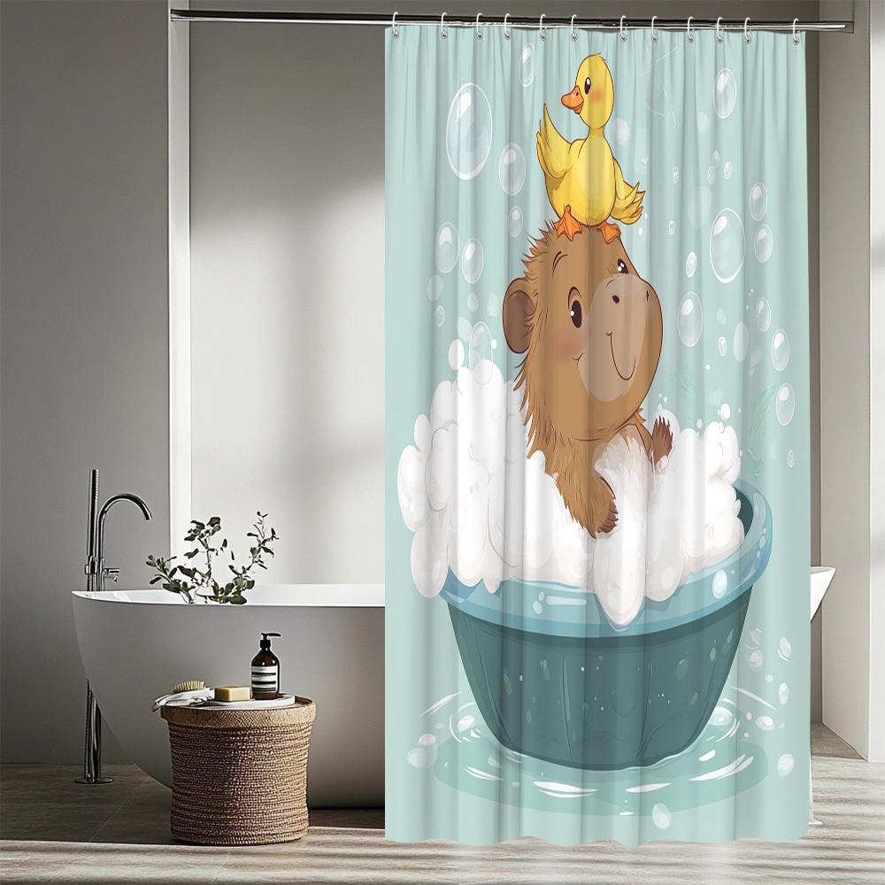 1pc Fun Animal Theme Shower Curtain Cute Hippo And Duck Bubble Shape Fresh Watercolor Style Vivid Pattern Add Unique Charm to Ba