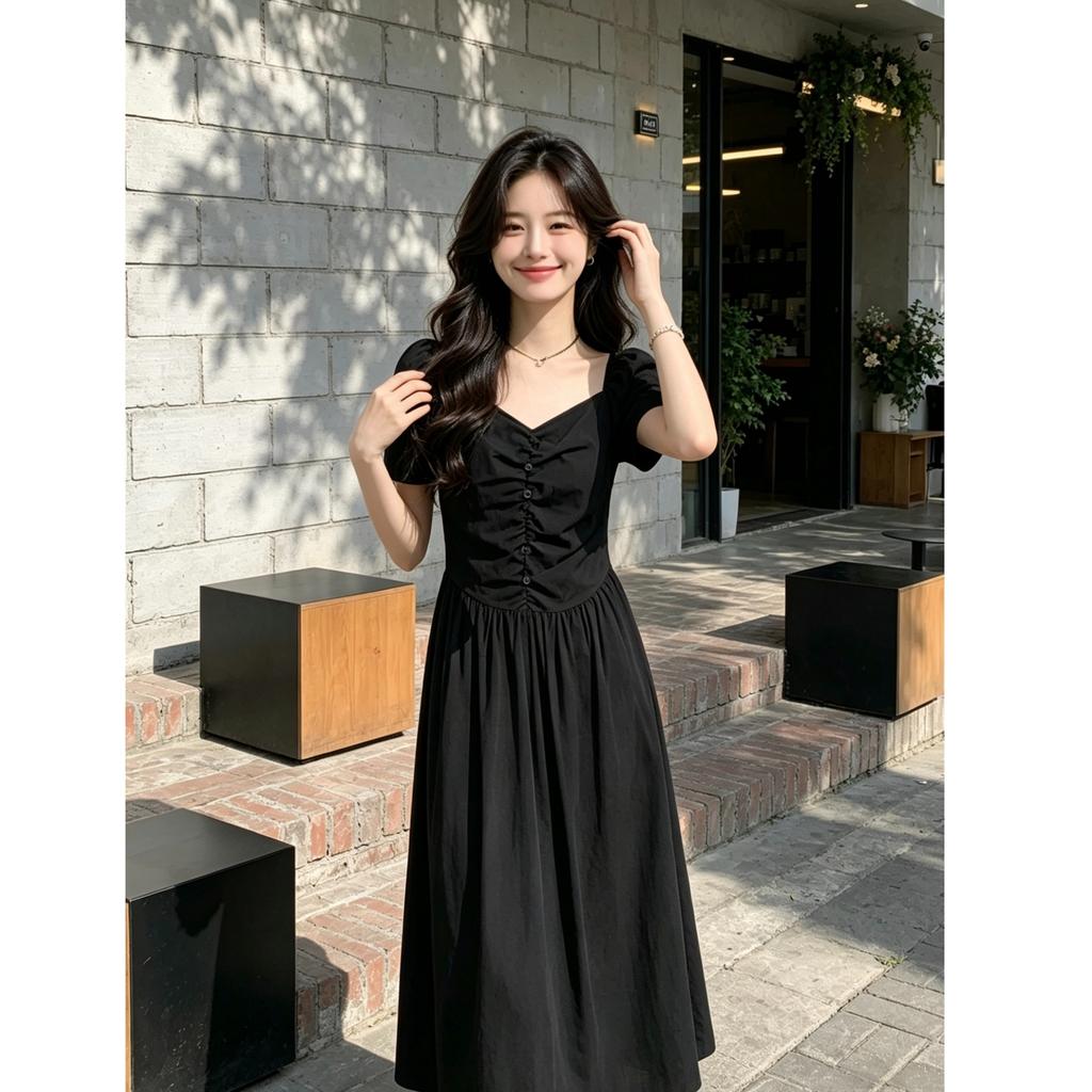 Be Careful with the Waist Dress, Large Size In Summer, Waist and Thin French Hepburn Style Square Collar A-shaped Long Dress for Women