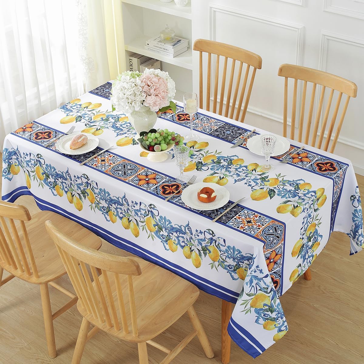 Zomer Citroenbloemen Waterdicht Tafelkleed Vakantiefeest Decor Blauwe Geometrische Tegels Keuken Eettafelkleed voor Tafeldecoratie 140x140cm