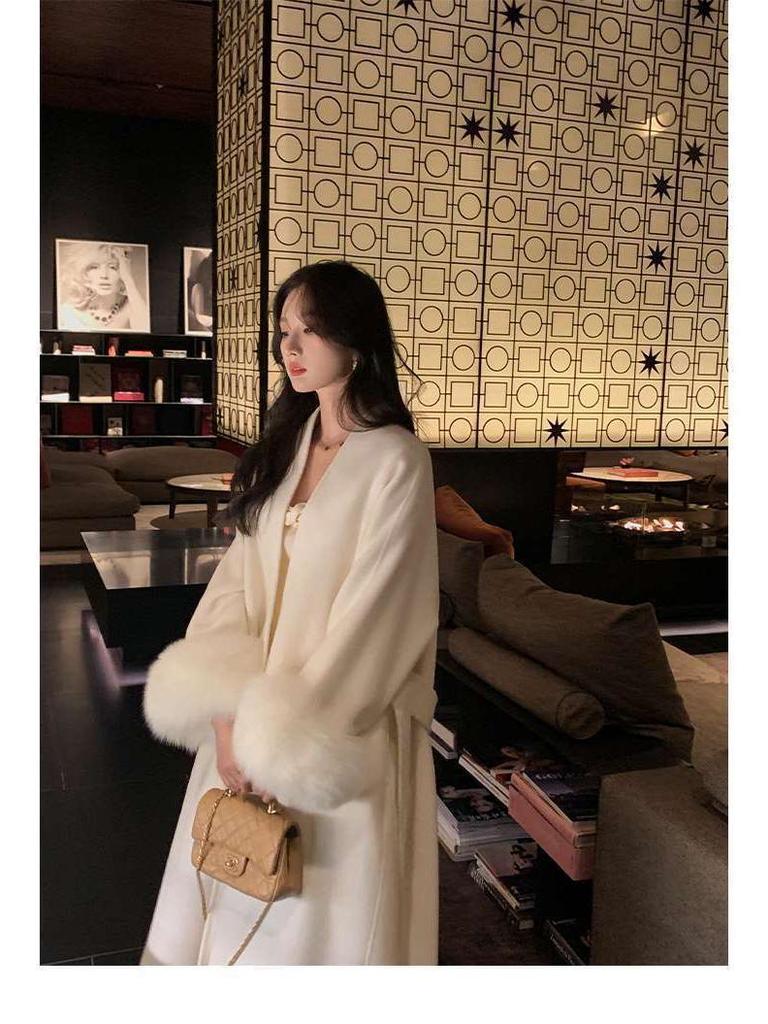 Women's Mid-Length Double-Faced Cashmere Coat with Fox Fur Cuffs for 2025 Autumn/Winter