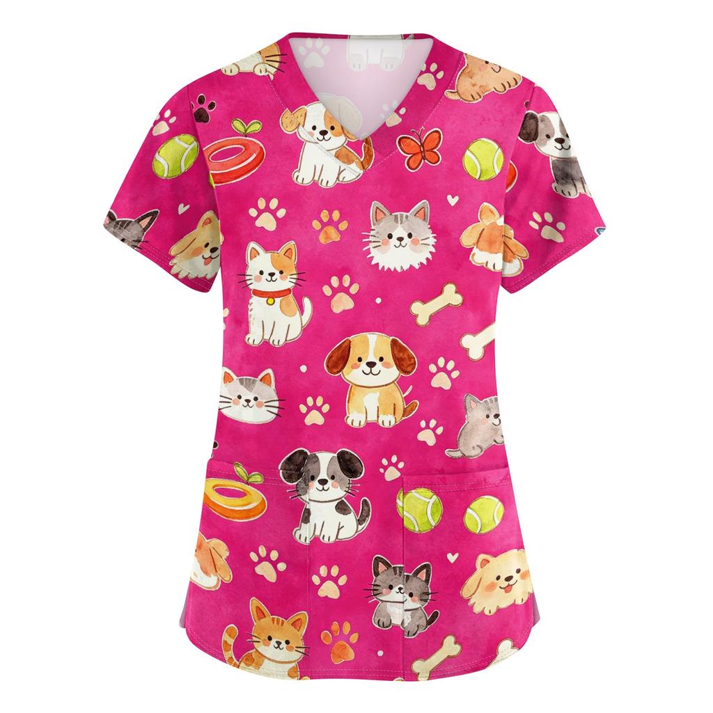 Women's V Neck Short Sleeve Work Top with Pockets Animal Print Medical Scrub Shirt for Healthcare Professionals Comfortable Fit