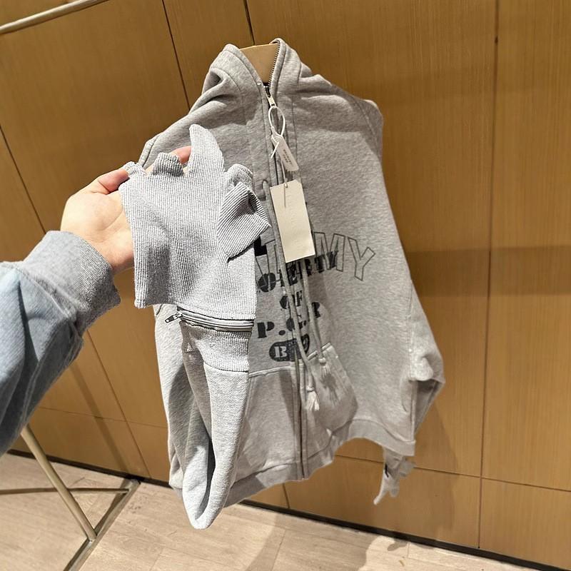 Unisex Streetwear Hooded Zip-Up Sweatshirt With Integrated Glove Sleeves Graphic Letter Print Oversized Fit