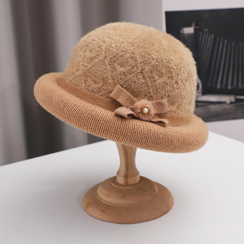 

Autumn and Winter Hats for Women New Style Elderly Knitted Versatile Warm Korean Version Rabbit Hair Thickened Fashionable Wool Pot Hat Grandma Style average size