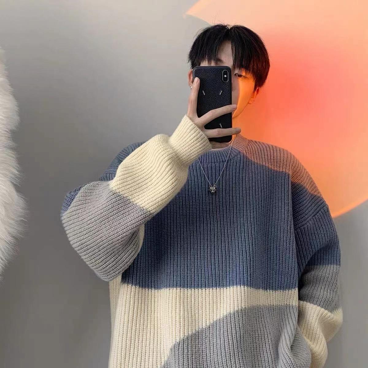 

Unisex Oversized Crew Neck Knit Sweater Navy Black Beige Color Block Chunky Loose Fit Casual Pullover L синій