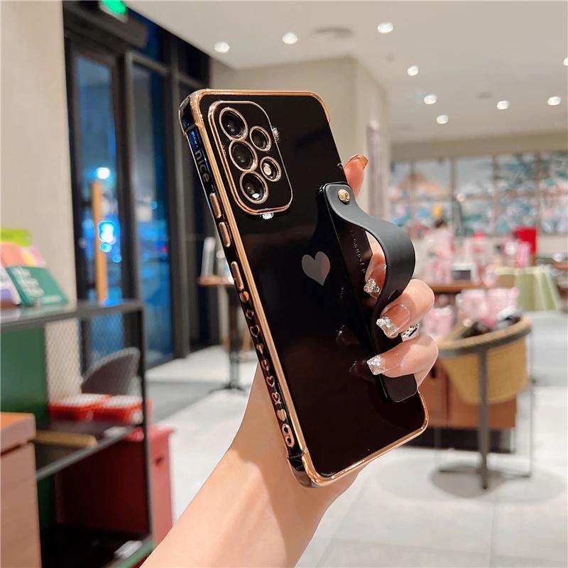 Pokovovaný silikonový pouzdro s řemínkem na zápěstí pro Samsung Galaxy S25 S24 S22 S21 S23 Ultra Plus A55 A52 A54 A53 5G Nárazuvzdorné pancéřové kryty