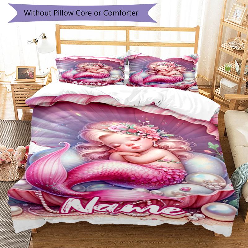 3pcs Custom Name Mermaid Bedding Set Duvet Cover Closure Includes 1 Duvet Cover & 2 Pillowcases, Soft and Comfortable for All Seasons.