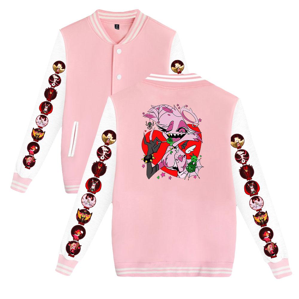Women Men's Jackets Bomber Jacket Hazbin Hotel Anime Baseball Jacket Oversize Hip Hop Outerwear for College Couples Clothing Custom