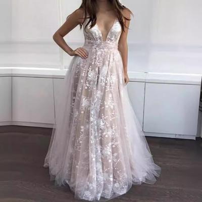 Women's Summer New Sheer Mesh Backless Dress - Deep V Neck Lace Long Gown with Spaghetti Straps, Elegant Evening Dress