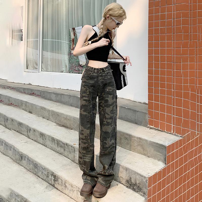 YC & American Vintage High Street Loose Straight Wide Leg Tooling Camouflage Jeans Women's Trend ins & Trousers Extended