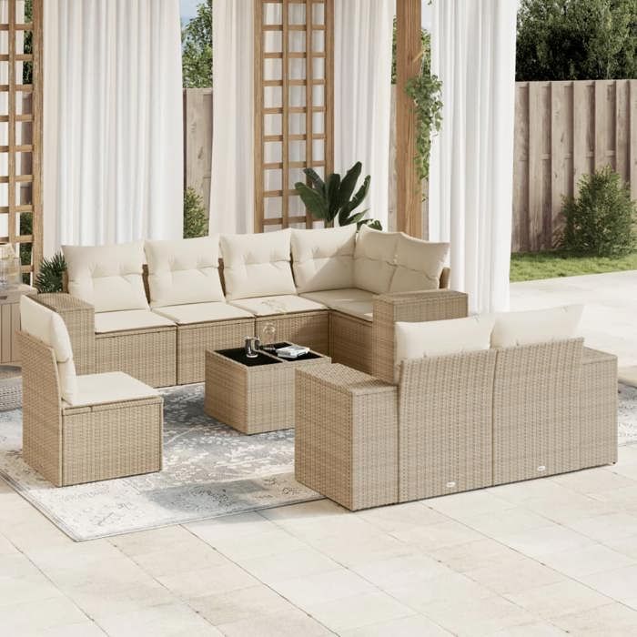 VidaXL Salon de Jardin avec Coussins 9 pcs, Canapés de Terrasse, Ensemble de Meubles de Patio, Mobilier d'Extérieur, Beige 3255185