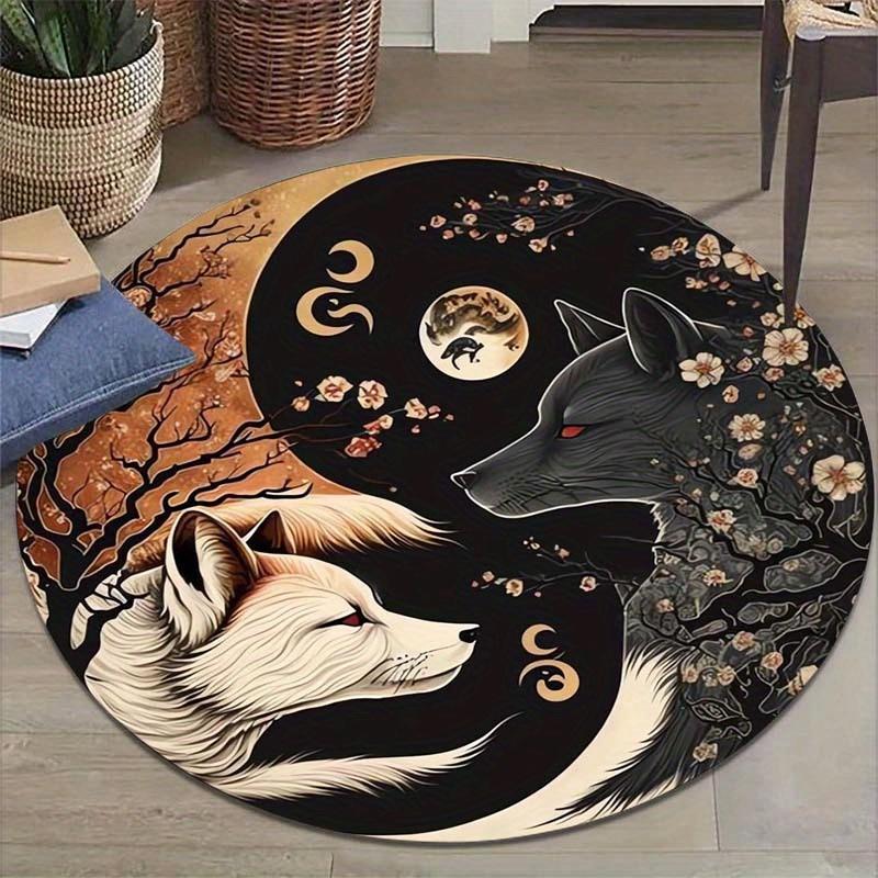 Mystic Wolf Animal Round Area Rug Non Slip Floor Mat Aesthetic Room Decor Art Design Living Room Home Carpet Washable