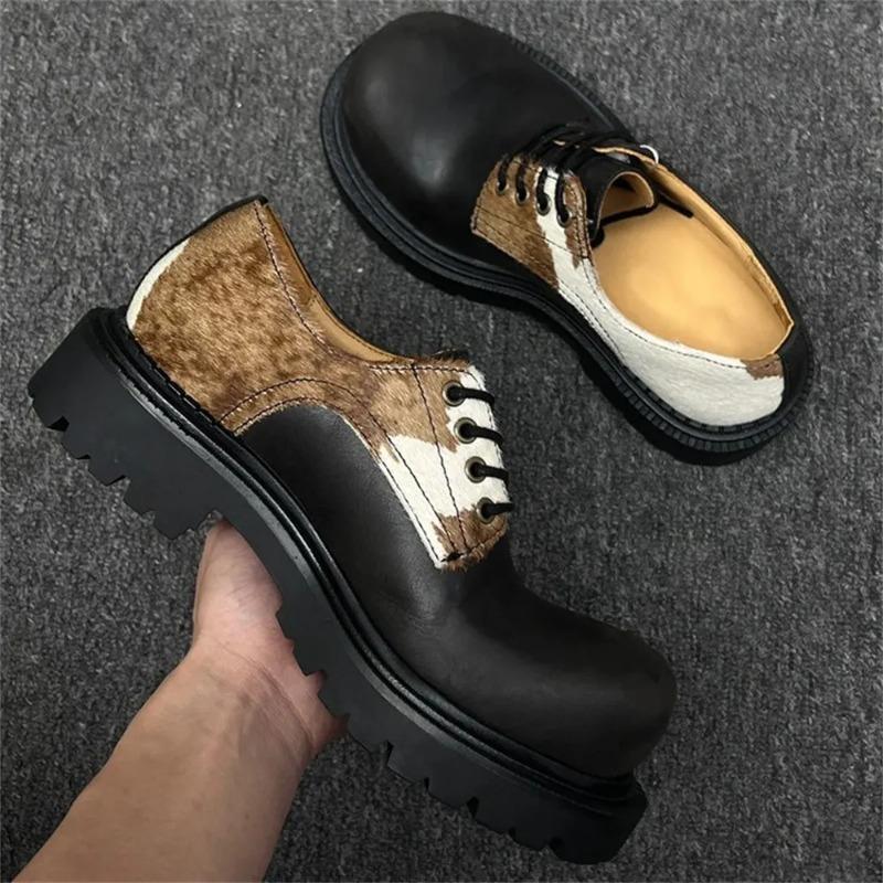 Mode 2025 Grote Maat 46 Unisex Retro Derby Schoenen Dames Vintage Veters Koeienpatroon Paardenhaar Grote Teen Flats Schoenen voor Heren