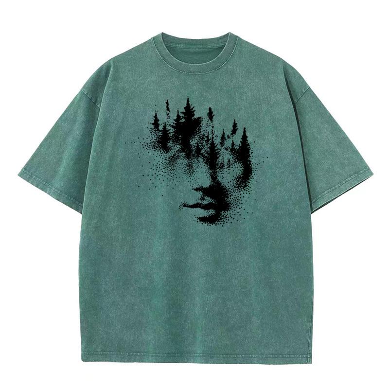 Funny Forest Face Youth Washed TShirt Classic Father Day Short Sleeve ONeck Pure Cotton Tees Hip hop Washed TShirt