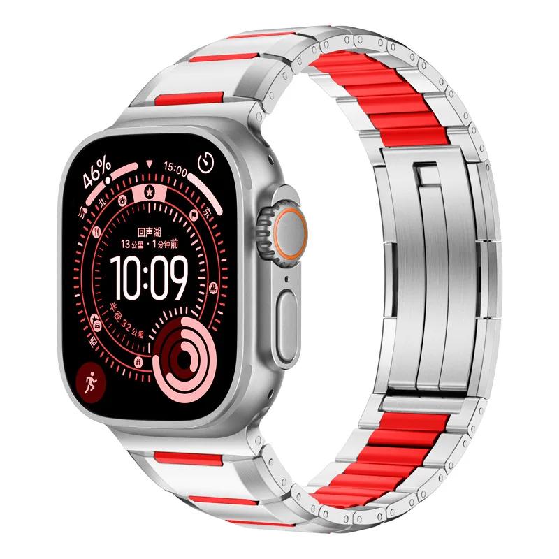 

Резиновый ремешок из нержавеющей стали для Apple Watch Ultra 3 2 49 мм 11 10 46 мм Ремешок с раскладной застежкой Iwatch Series 9 8 7 6 SE 3 45 мм 42 мм 38mm 40mm 41mm