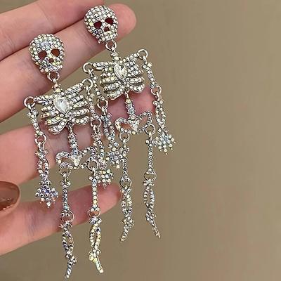 Light Luxury Full Rhinestone Skull Earrings for Women  Exaggerated Skeleton Pendant Earrings Halloween Party Jewelry Gift