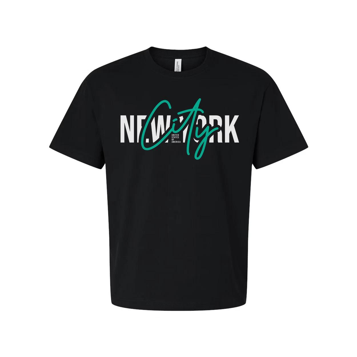 New York City Graphic Tee With Teal Script City Overlay For Modern Urban Style E XL
