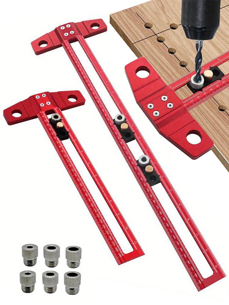 2 In1 Drilling Positioning Scoring Ruler Woodworking Aluminum Scriber Marking T Square Dowelling Jig with 6/10mm Drill Sleeve