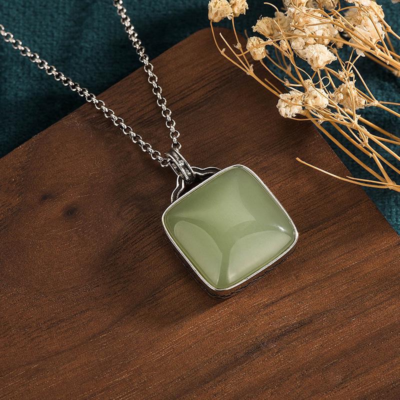 Aieryuan Retro Thai Silver Necklace with Inlaid Imitation Hetian Jade Pendant