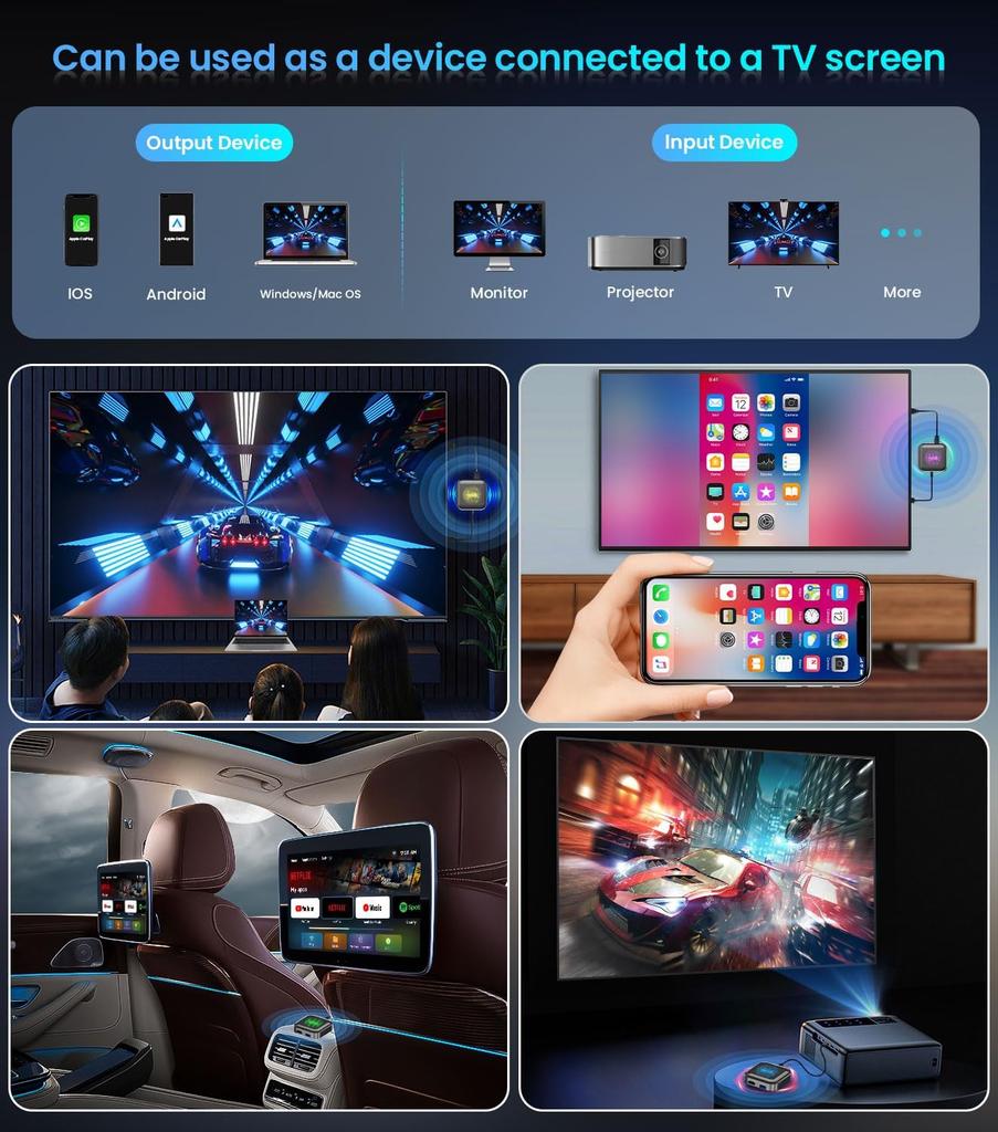 Magic Ai Box 2.0 Wireless CarPlay & Android Auto Adapter, LED HDMI Dongle for Phone to Car/TV Streaming