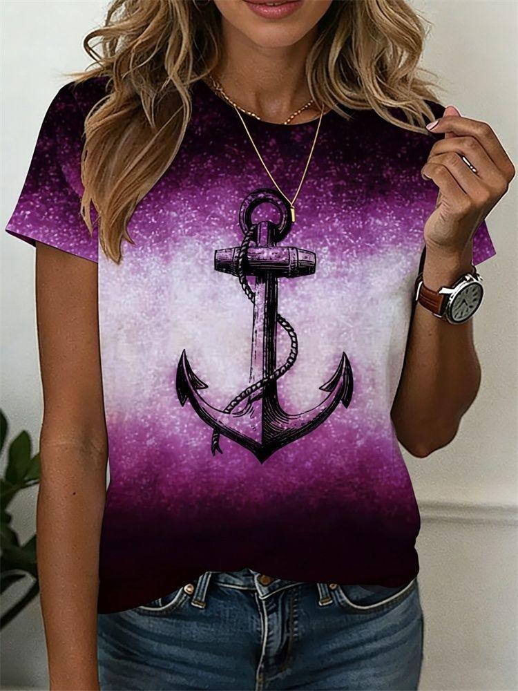 Summer Anchor Stripe 3D Print T-Shirts Women Casual Short Sleeve Round Neck T Shirt Harajuku Y2K Tees Top Female Street Clothing