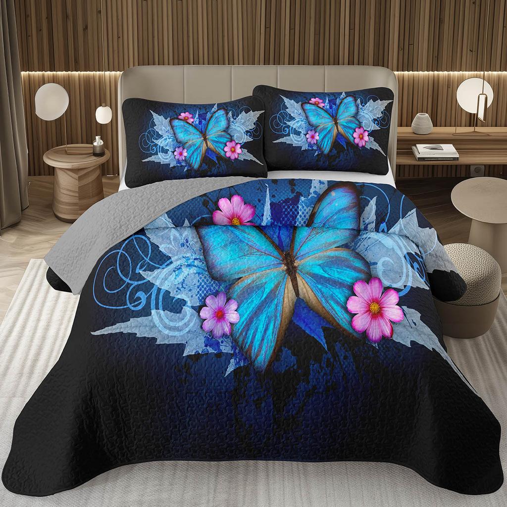 Butterfly Bedspread Twin/Queen/King Watercolor Botanical Floral Coverlet Fantasy Style Bedding Set Reversible Quilted Bedspreads