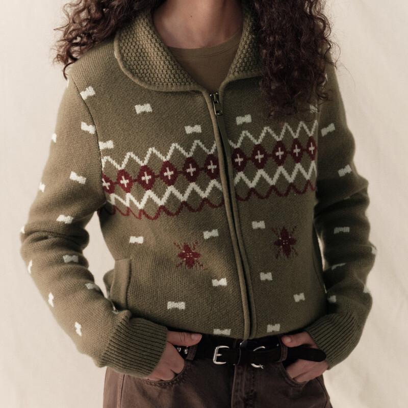 GREEN BELT Women's Pure Wool Fair Isle Knit Cardigan