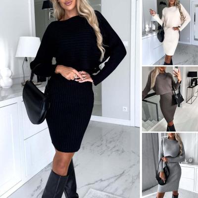 2 Pcs/Set Women Top Dress Suit Striped Knitted Solid Color Sleeveless V Neck Sheath Dress Long Sleeve Loose Top Elastic Soft Warm Loose Midi