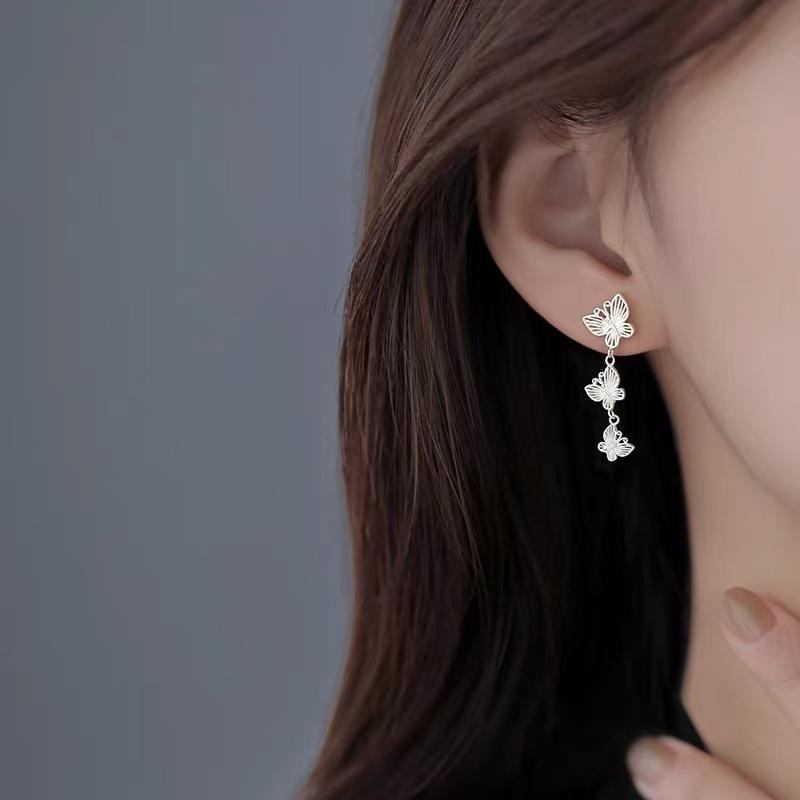 Real 925 Silver Butterfly Tassel Stud Earrings For Women Classic Insect Fine Jewelry Light Accessories