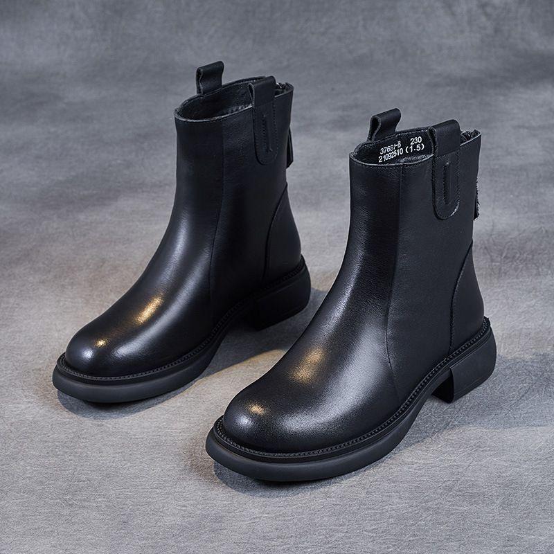 Soft Leather Thin Boots Women's 2025 New Flat-bottomed Rear Zipper Spring and Autumn Single Boots Autumn and Winter Velvet Martin Boots Cotton Shoes