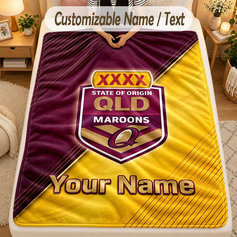 Flannel BlanketQueensland Maroons Custom Name Text Personalized Soft Warm Throw Blanket Home Decor Gift