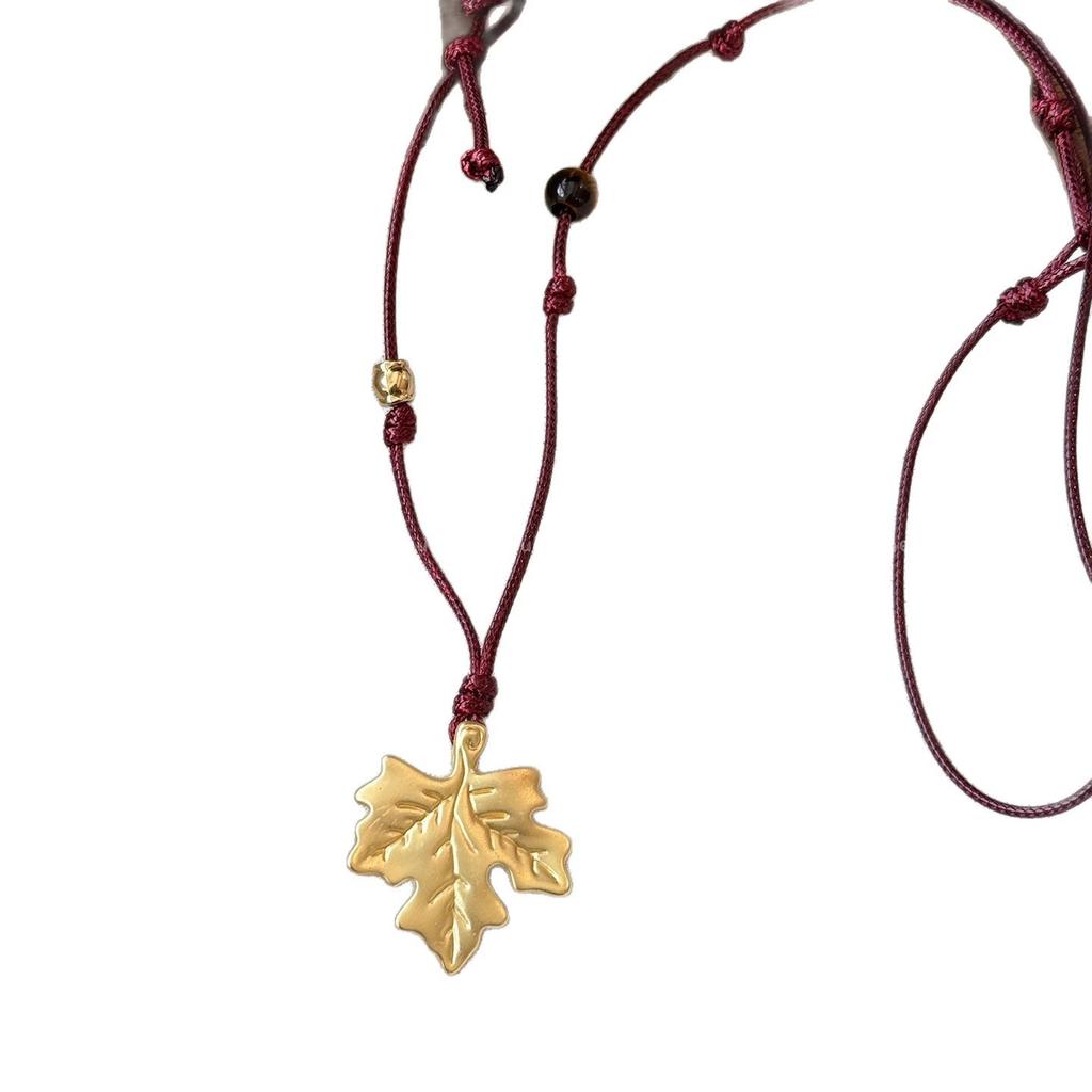 Tiger's eye stone gold maple leaf beaded necklace women's retro ethnic style long sweater chain neck accessories