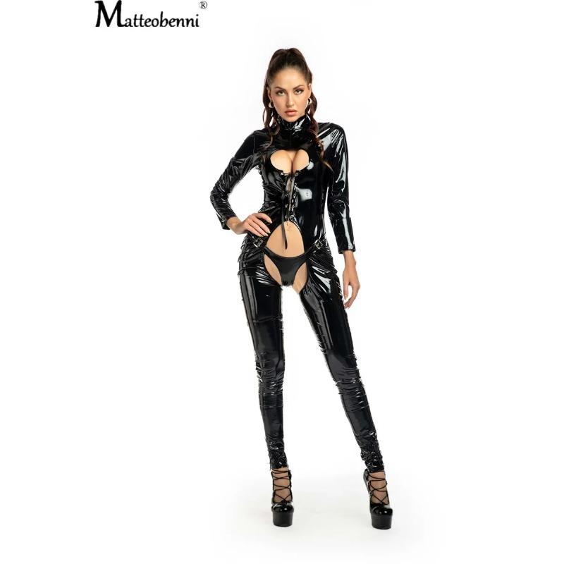 Women Sexy Hollow Out Latex Catsuit PVC Faux Leather Wetlook Jumpsuit Hot Exotic Costume Lingerie PU Bodysuit Clubwear Overalls