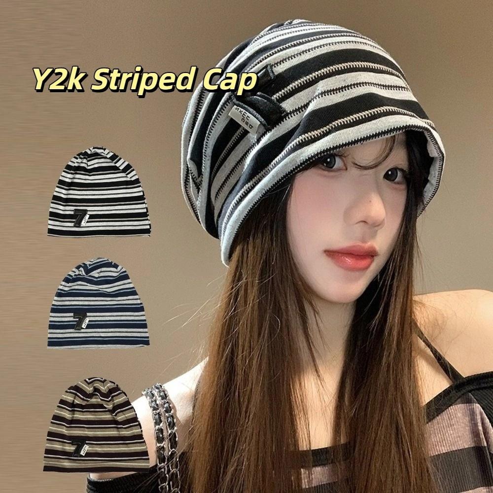 Korean Baggy Strip Hat Spring Autumn Beanie Hats Fashion Y2k Striped Cap  Women