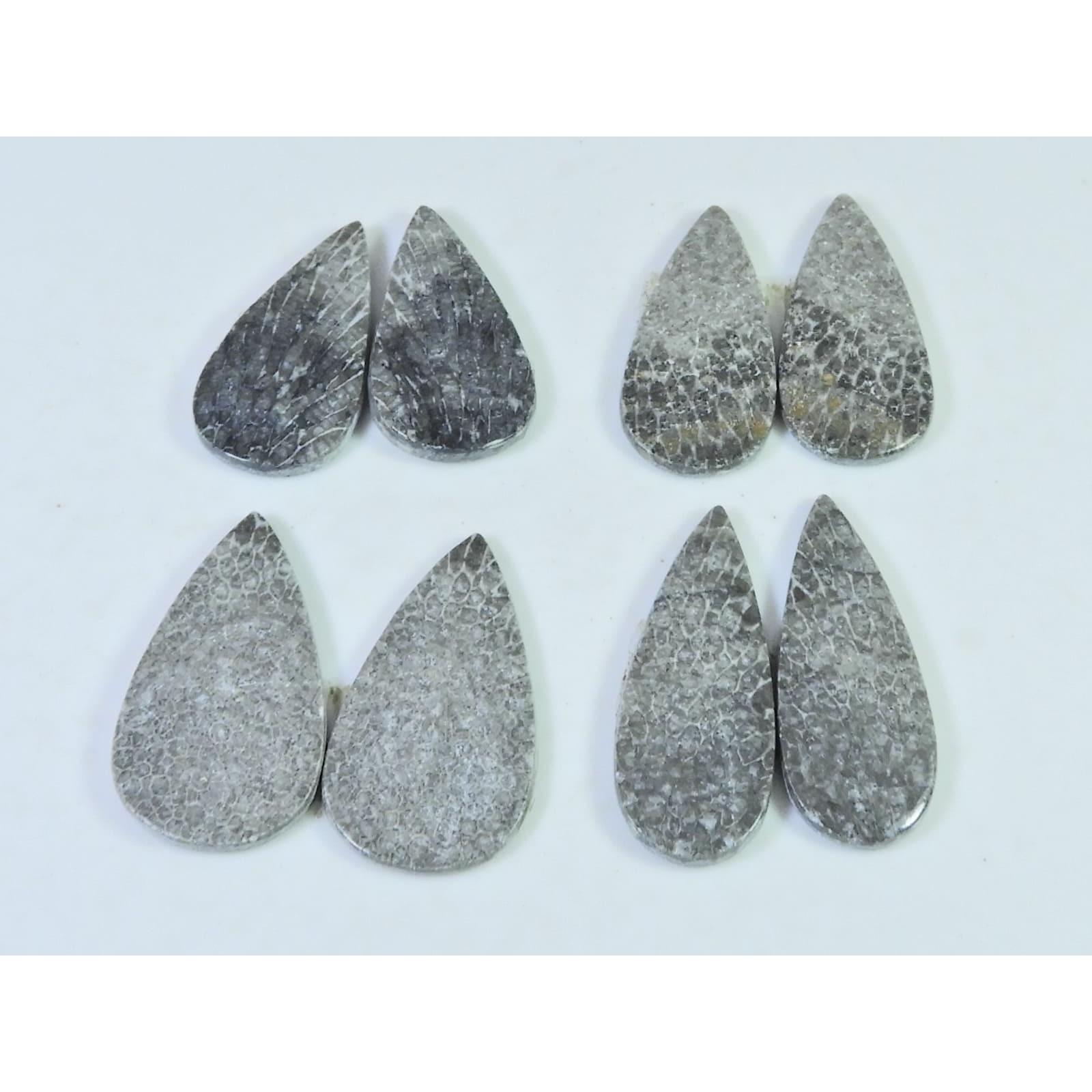 Natural Black Fossil Coral Matched Pair Pear Cabochon Gemstone 4 Pair Lot C-1857