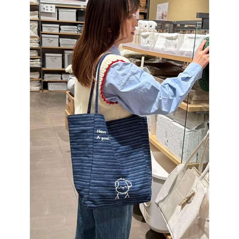 Double-sided Women's Denim Shoulder Bags Carto Embroidery Stripe Ladies Handbags Large Capacity College Girls Book Tote Bag