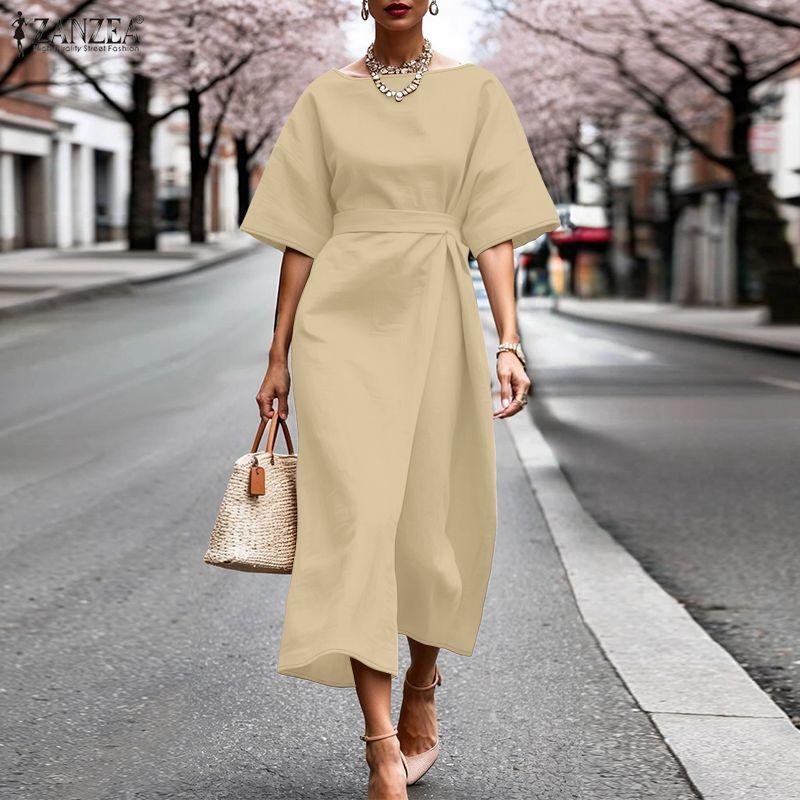 ZANZEA Women Solid Color Casual Round Neck Loose Half Sleeve Dress