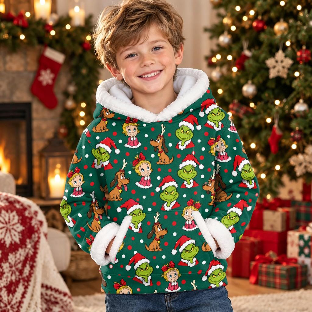 Kids Long Sleeve Christmas Print Casual Hooded Top for Boys and Girls Holiday Outfit