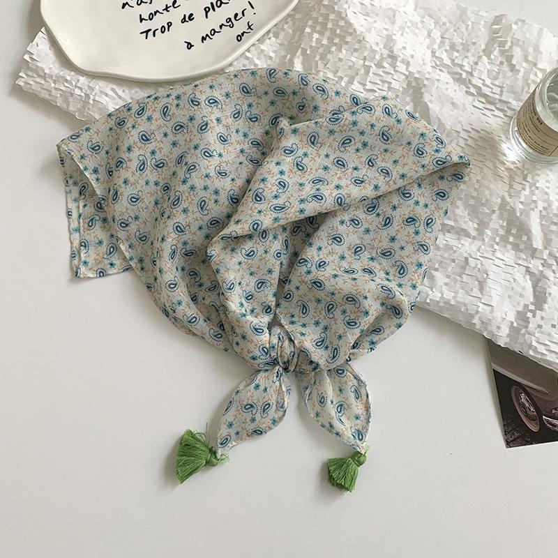 Premium cotton and linen silk scarf neck protection scarf small fresh square scarf floral headscarf hair band fringed hair accessories